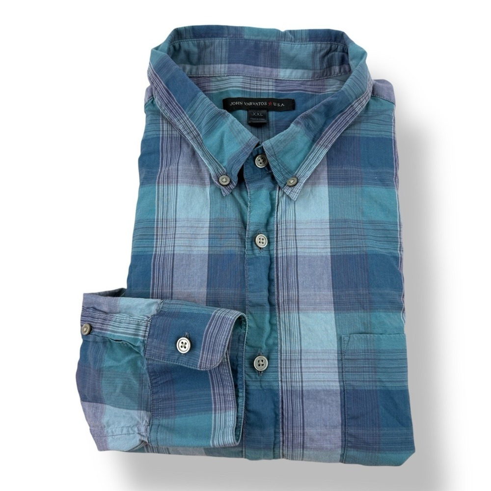 John Varvatos Star USA Blue Green Plaid Cotton Button Down Shirt Men's Size 2XL